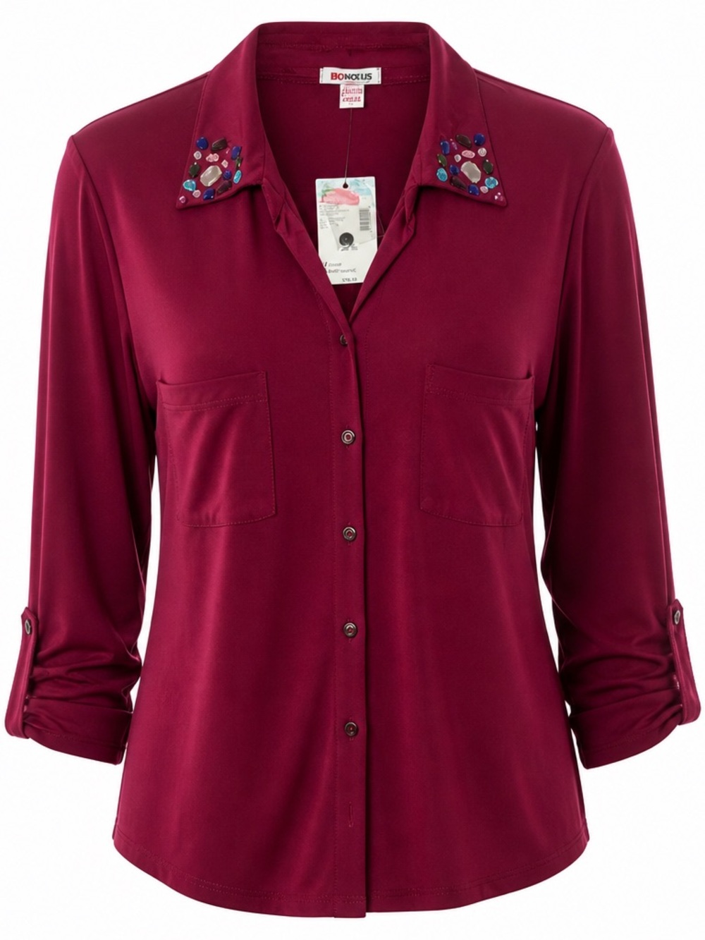 BONGO Wine Red Button-Down Top with Jeweled Collar